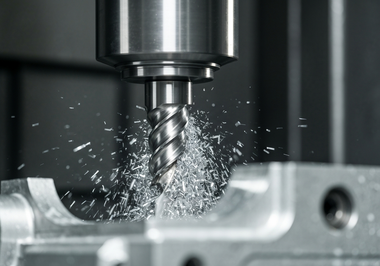 Imagen de primer plano de una herramienta de corte CNC de alta velocidad, un cortador de extremo, con un chorro de refrigerante y virutas de aluminio brillantes que se generan durante el proceso de mecanizado de una pieza industrial especializada, luz industrial suave, fotorrealista, sin texto, sin logotipos, sin personas.
