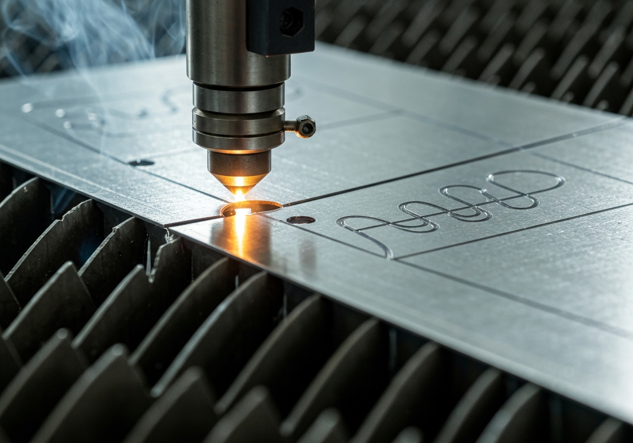 Una toma macro de una pieza de aluminio recién mecanizada en una fresadora CNC, mostrando los detalles de las ranuras y la textura del metal.