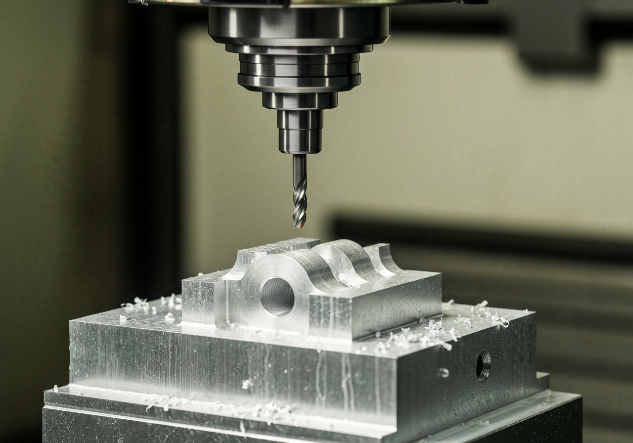 Imagen de detalle de una fresa CNC cortando una pieza de aluminio, con virutas de metal y fluido de corte visibles. La máquina y el entorno industrial están ligeramente desenfocados en el fondo.
